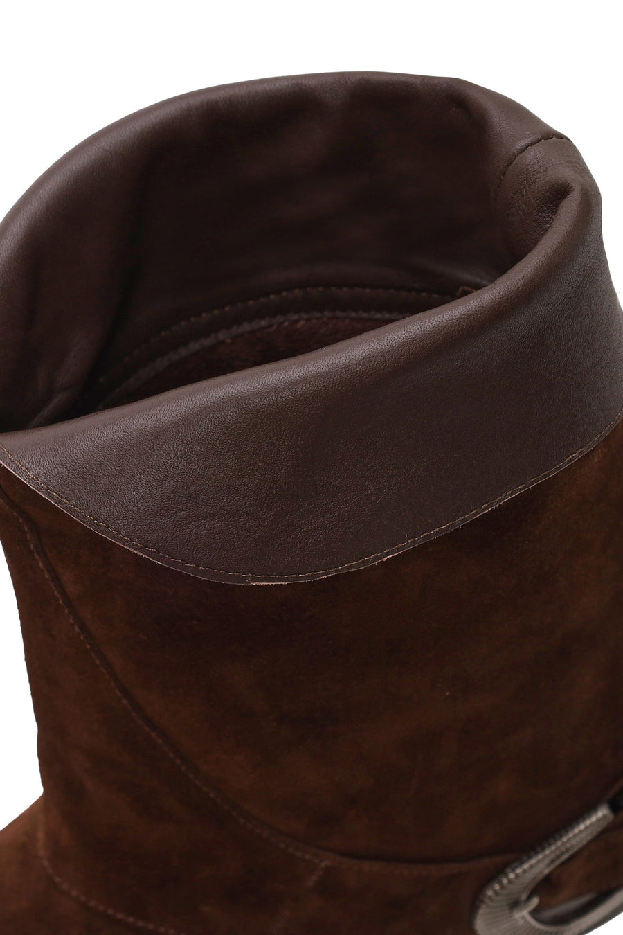 Woman Brown Buckled Short Thick-Heeled Suede Boots
