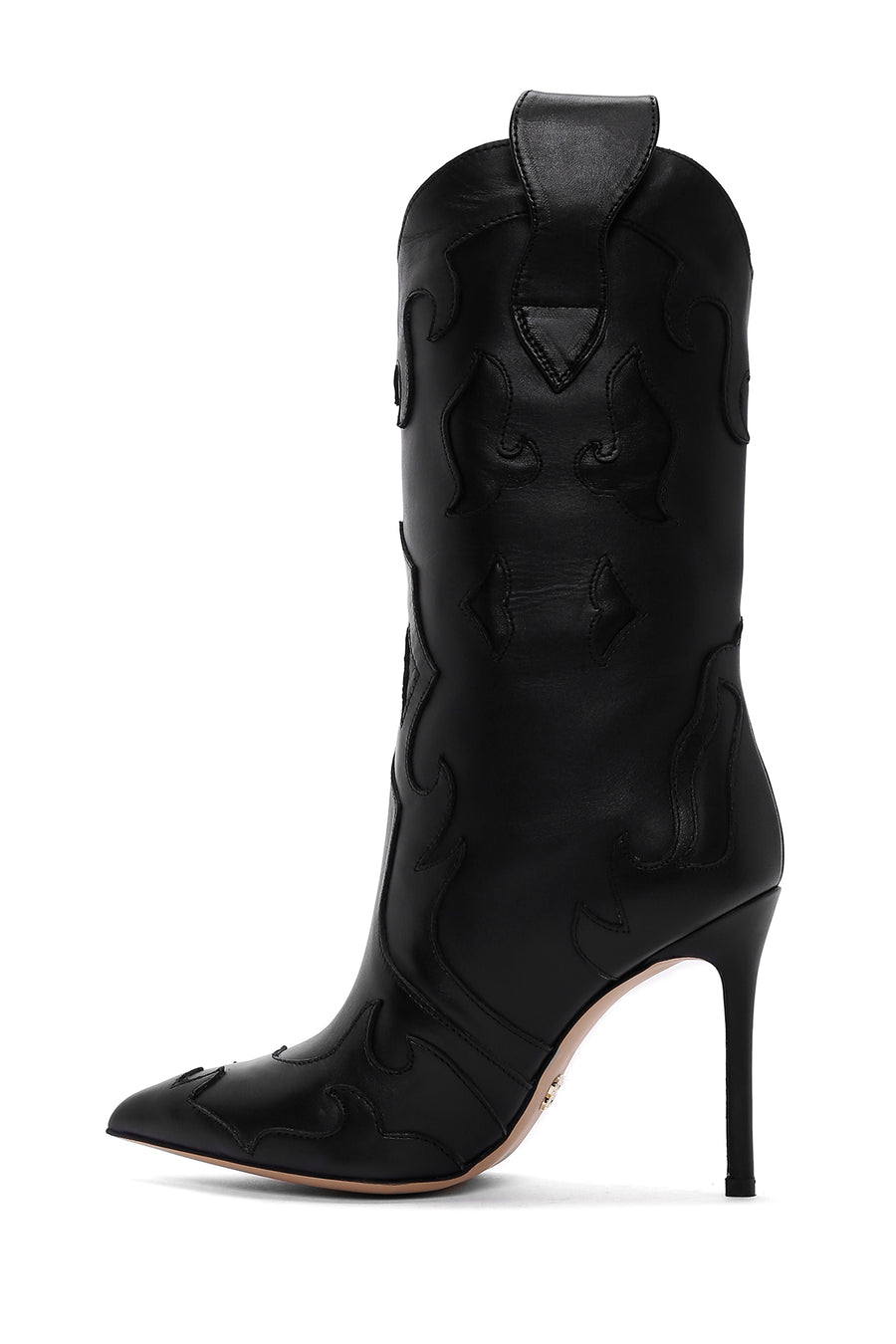 Woman Black Patterned Thin-Heeled Leather Boots