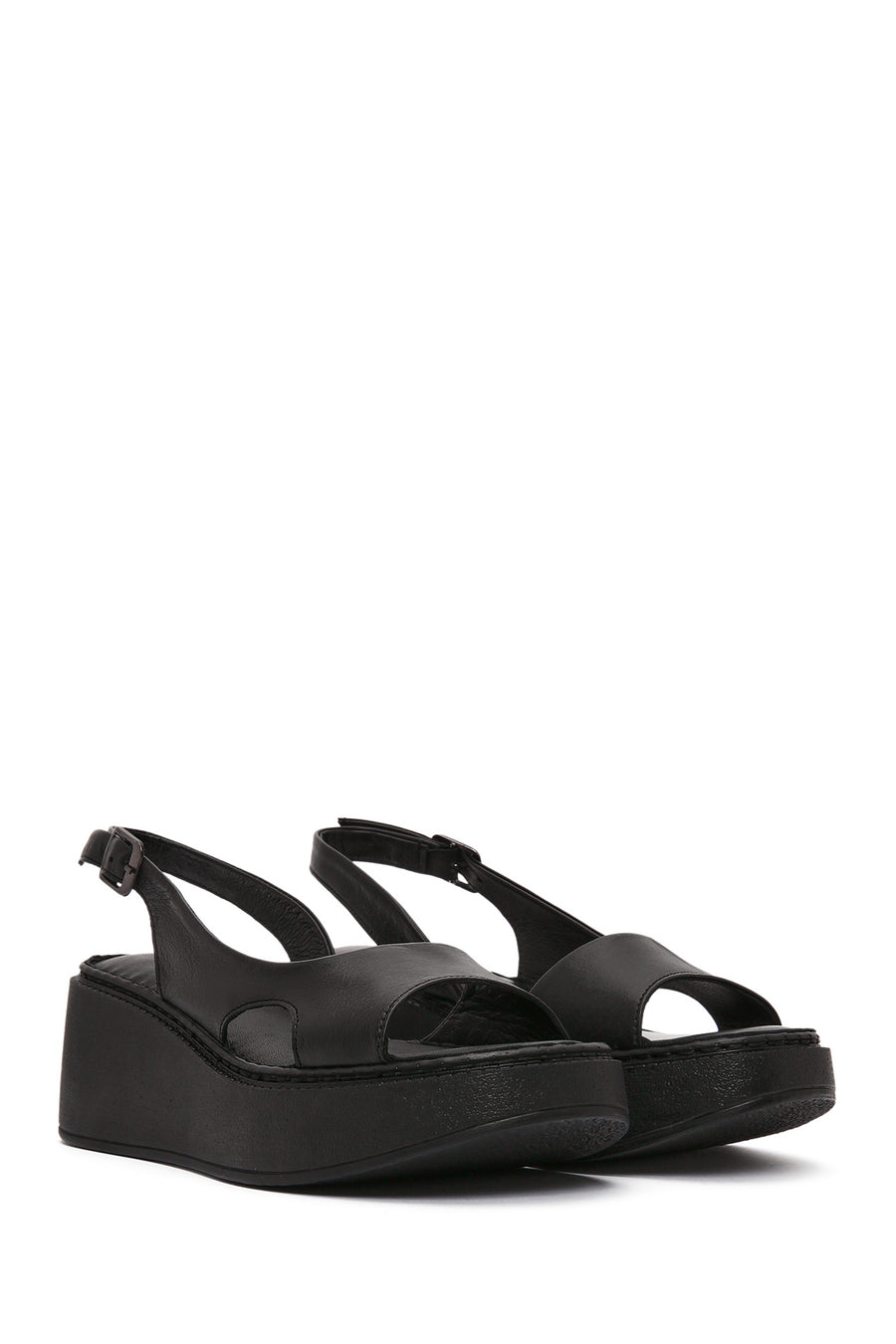 Women's Black Thick Soled Leather Comfort Sandals