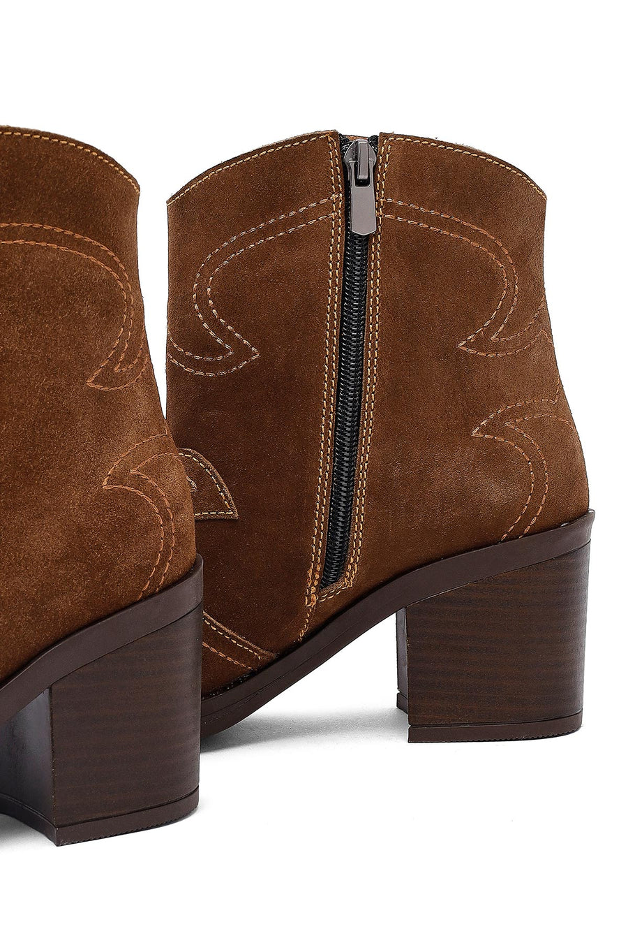 Woman Tan Suede Chunky Heel Leather Cowboy Boots