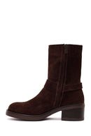 Woman Brown Zip Closure Chunky Heeled Suede Boots | Derimod