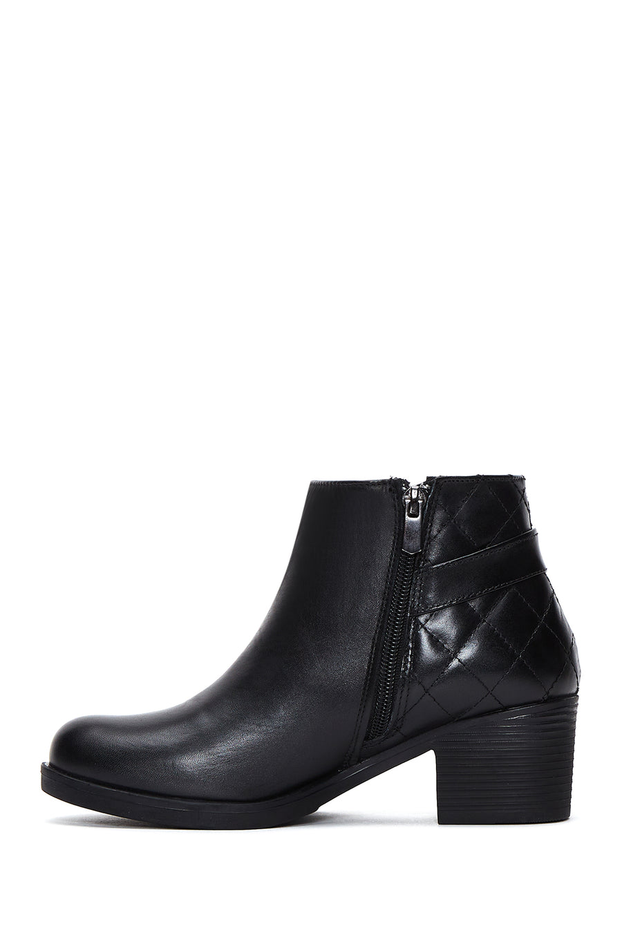 Women's Black Zippered Buckle Detailed Thick Heeled Leather Boots