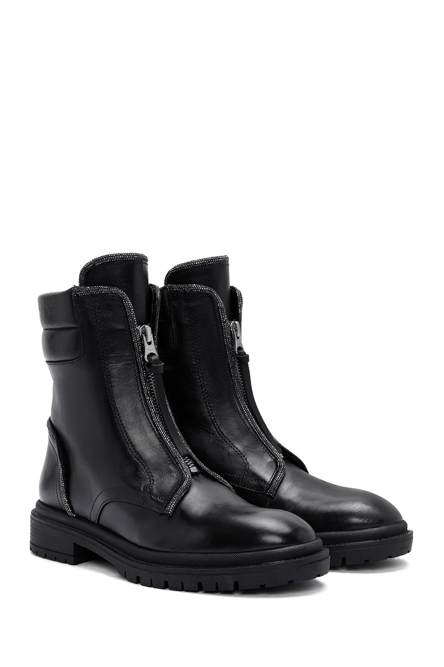 Women's Black Zippered Stoned Leather Combat Boots