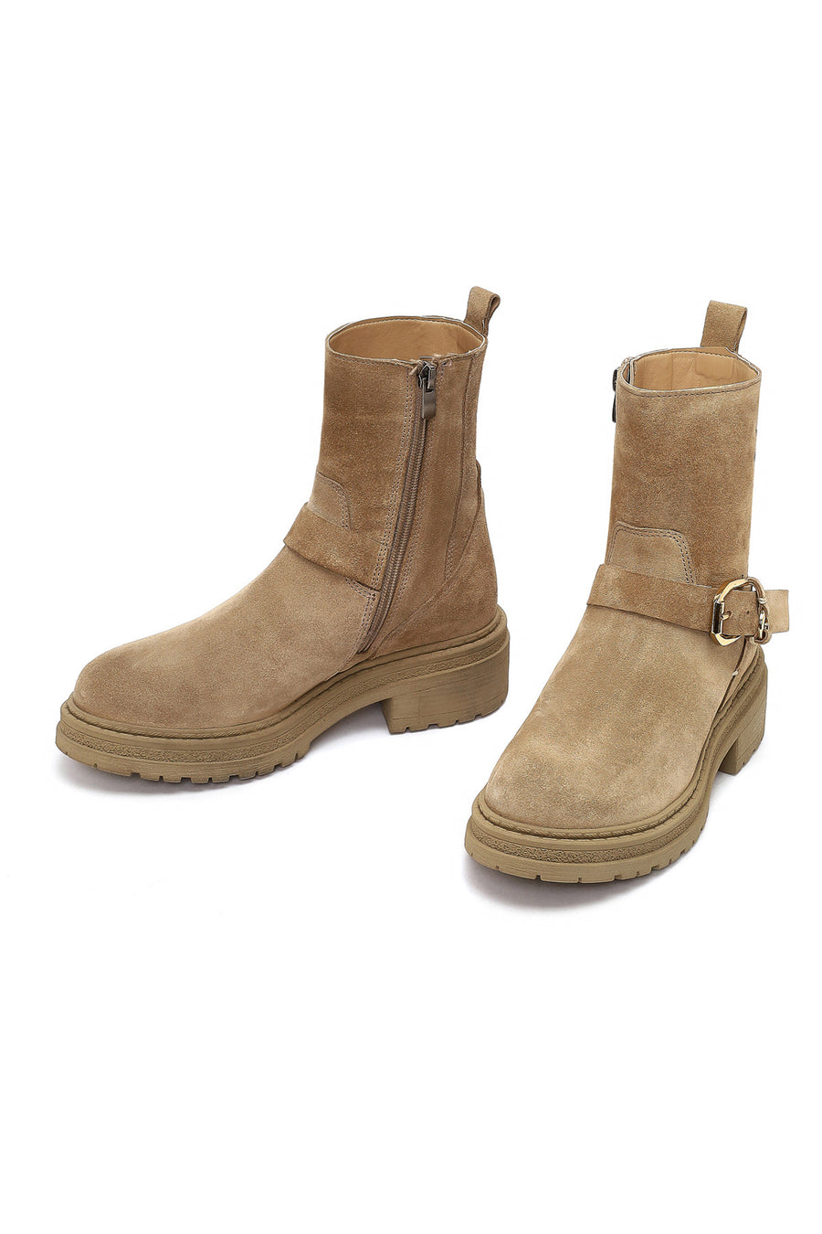 Kadın Bej Fermuarlı Kalın Tabanlı Süet Deri Bot