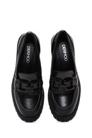 Women's Black Thick Heeled Leather Masculine Loafer | Derimod