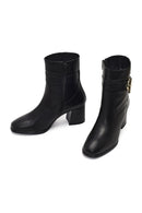 Women's Black Zippered Thick Heeled Leather Boot | Derimod