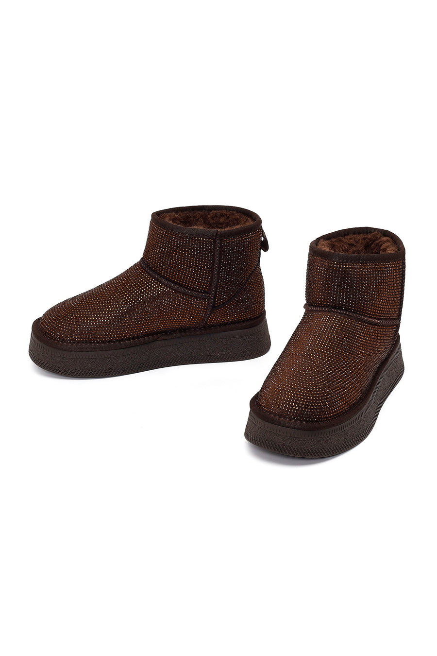 Woman Brown Thick-Soled Embellished Leather Teddy Boots