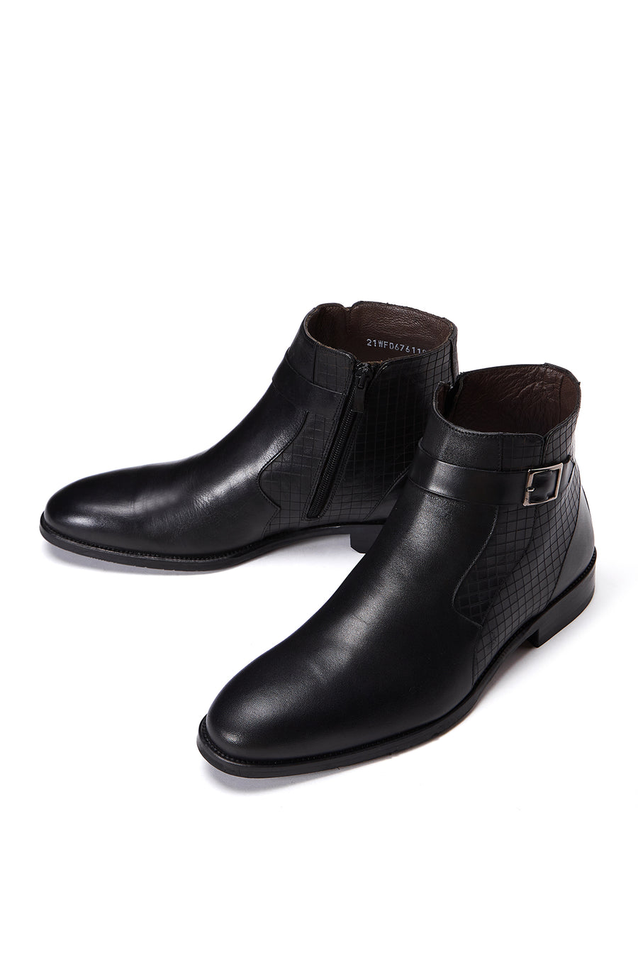 Men's Black Buckle Detailed Leather Classic Zipper Boots