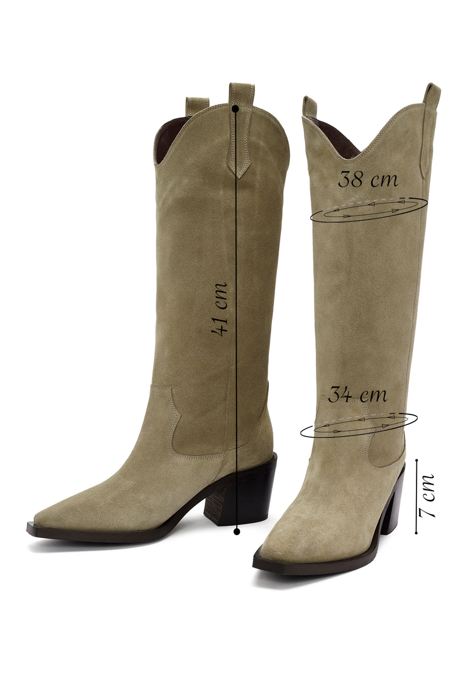 Women's Beige Chunky Heel Suede Leather Cowboy Boots