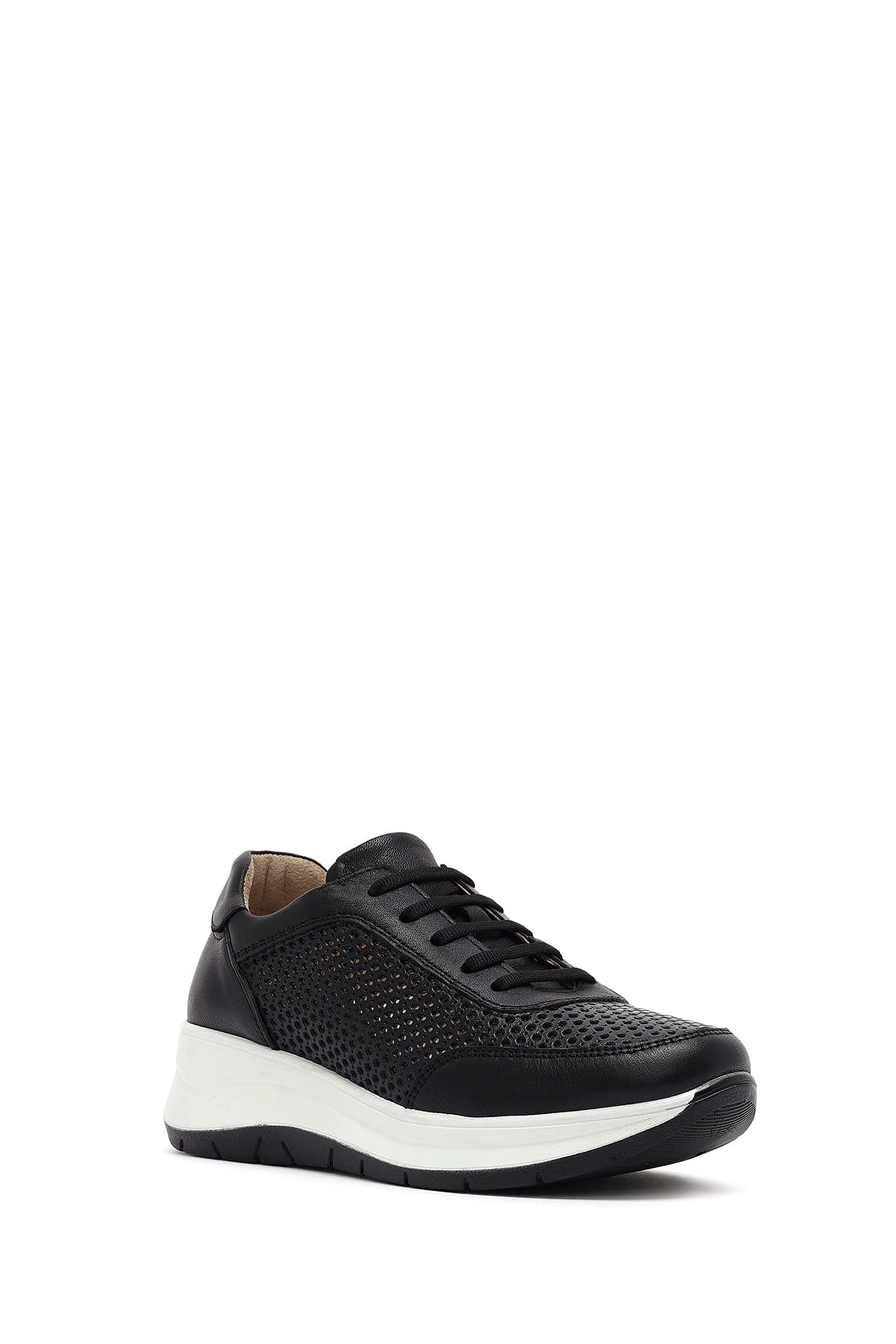 Women's Black Lace-up Thick-Sole Leather Sneaker