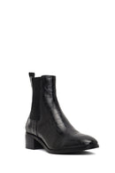 Women's Black Croco Patterned Short Thick Heel Leather Chelsea Boot | Derimod