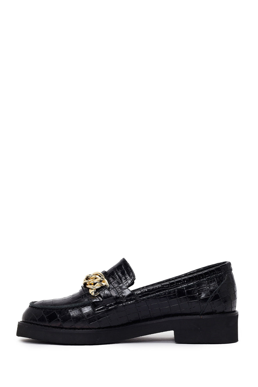 Women's Black Crocodile Patterned Chain Detailed Leather Masculine Loafer