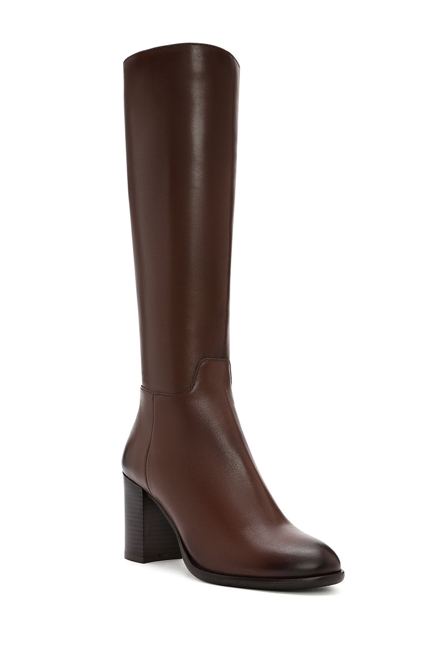 Women's Brown Zippered Thick Heel Leather Boots