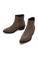 Woman Mink Short Chunky-Heeled Embroidered Suede Cowboy Boots | Derimod