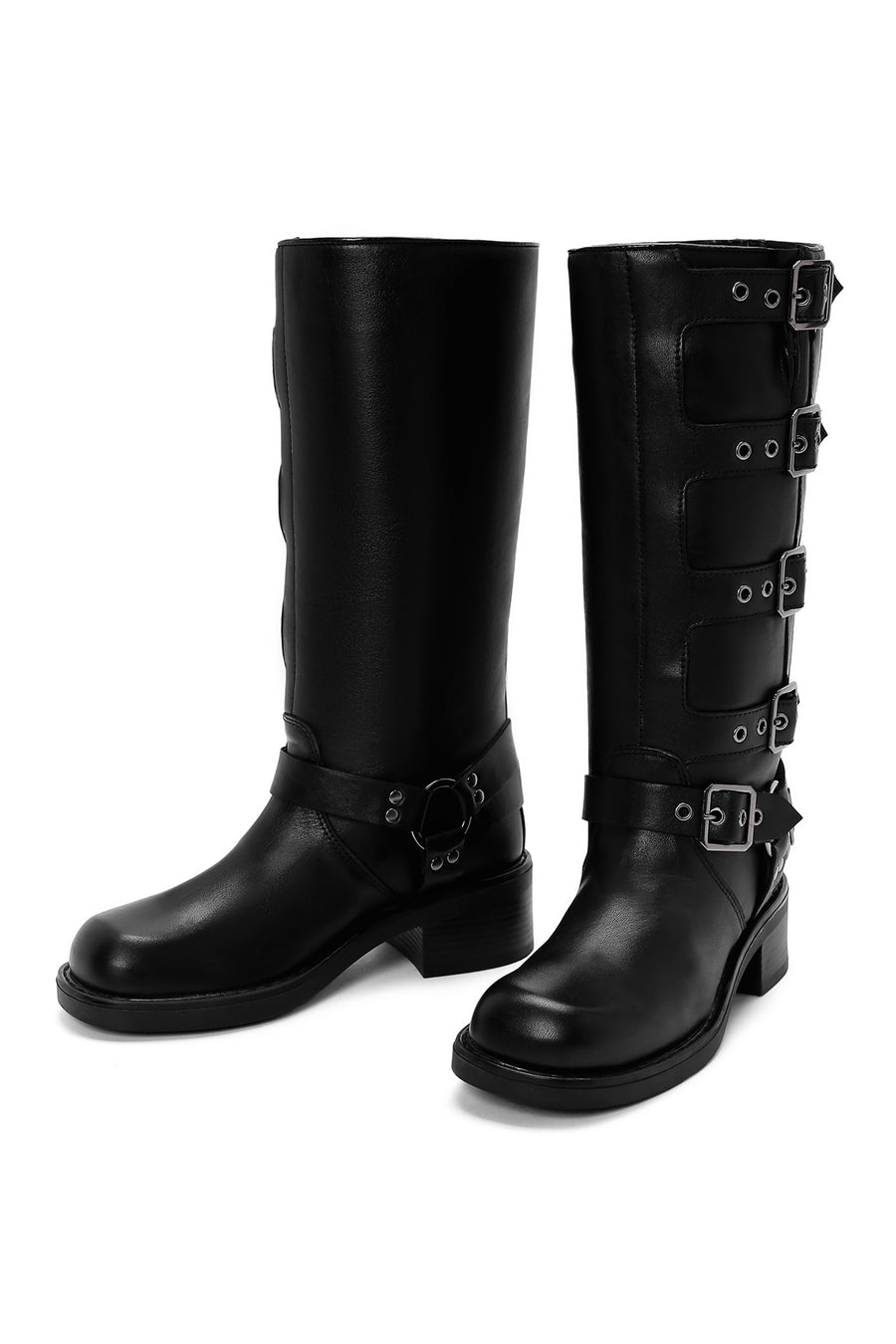 Women's Black Buckle Biker Leather Boots