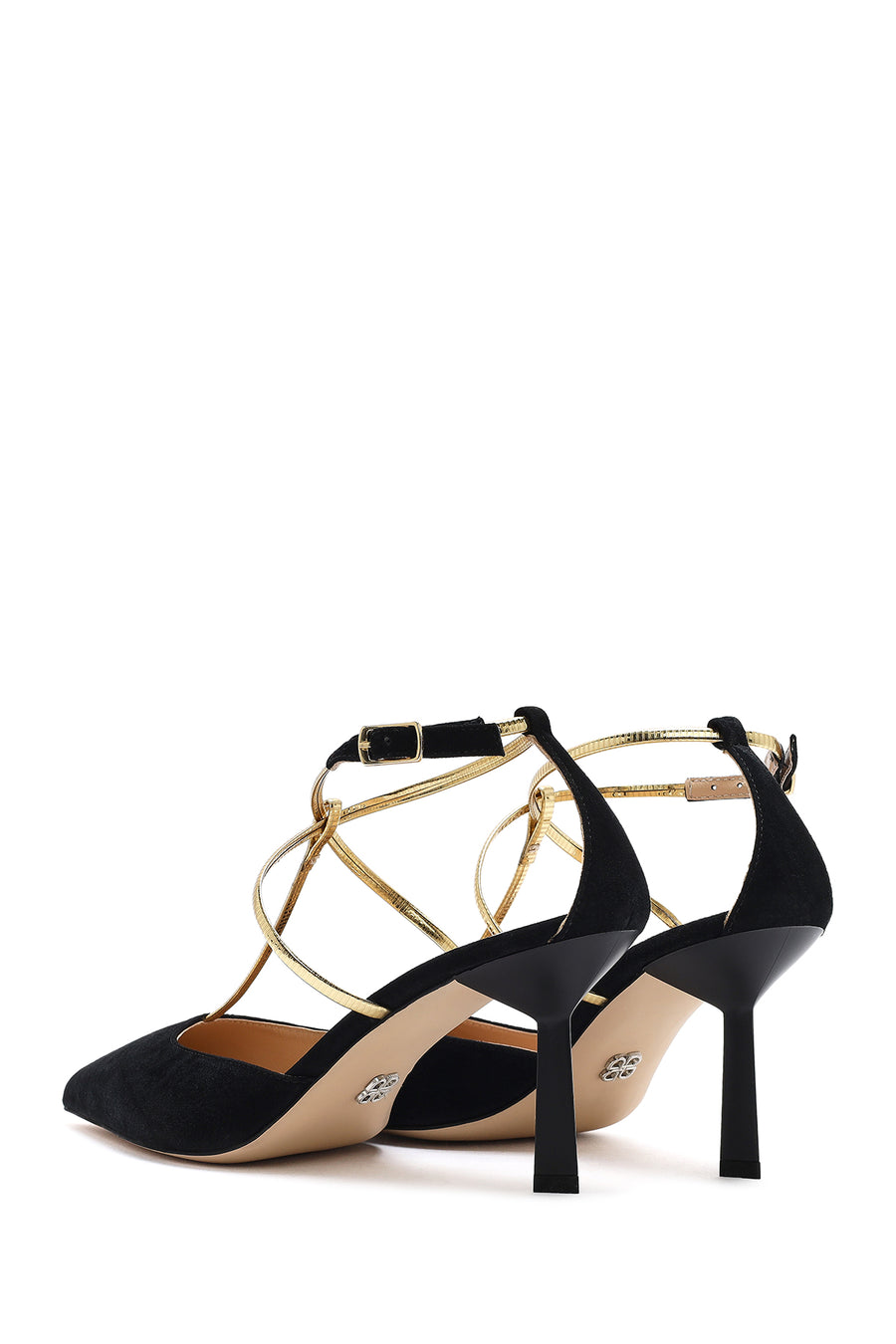 Women's Black Ankle Strap Thin Heel Suede Leather Shoes