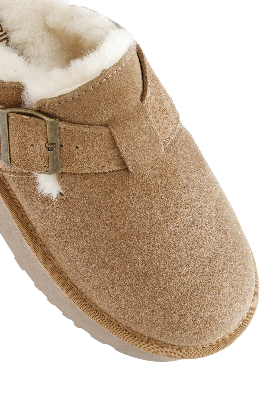 Women's Camel Thick-Soled Fur Detailed Suede Leather Slippers