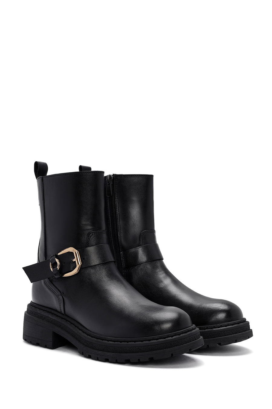 Women's Black Buckle Detailed Zippered Leather Boots
