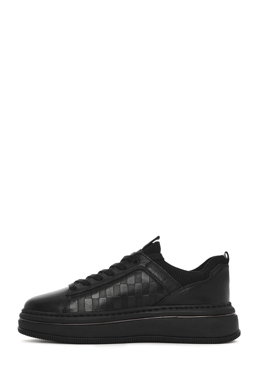 Erkek Siyah Bağcıklı Kalın Tabanlı Deri Sneaker