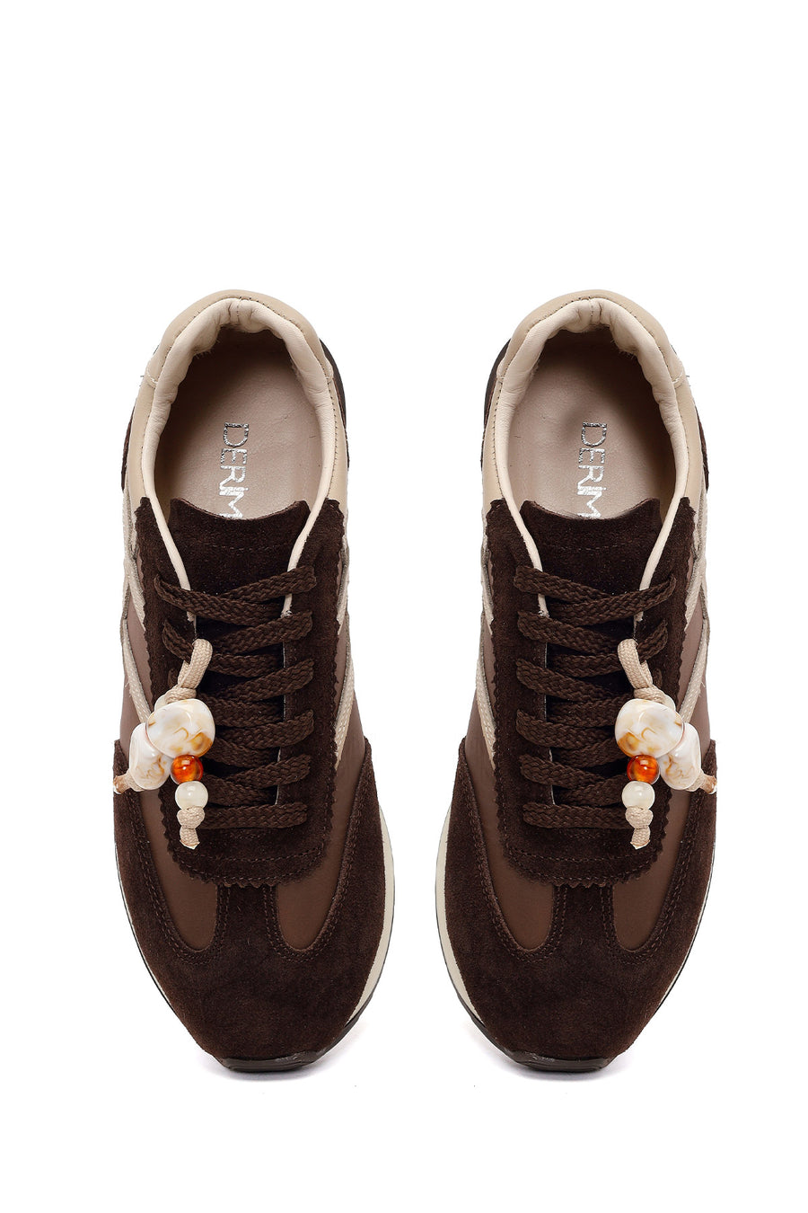 Woman Brown Lace-Up Charm Leather Sneaker