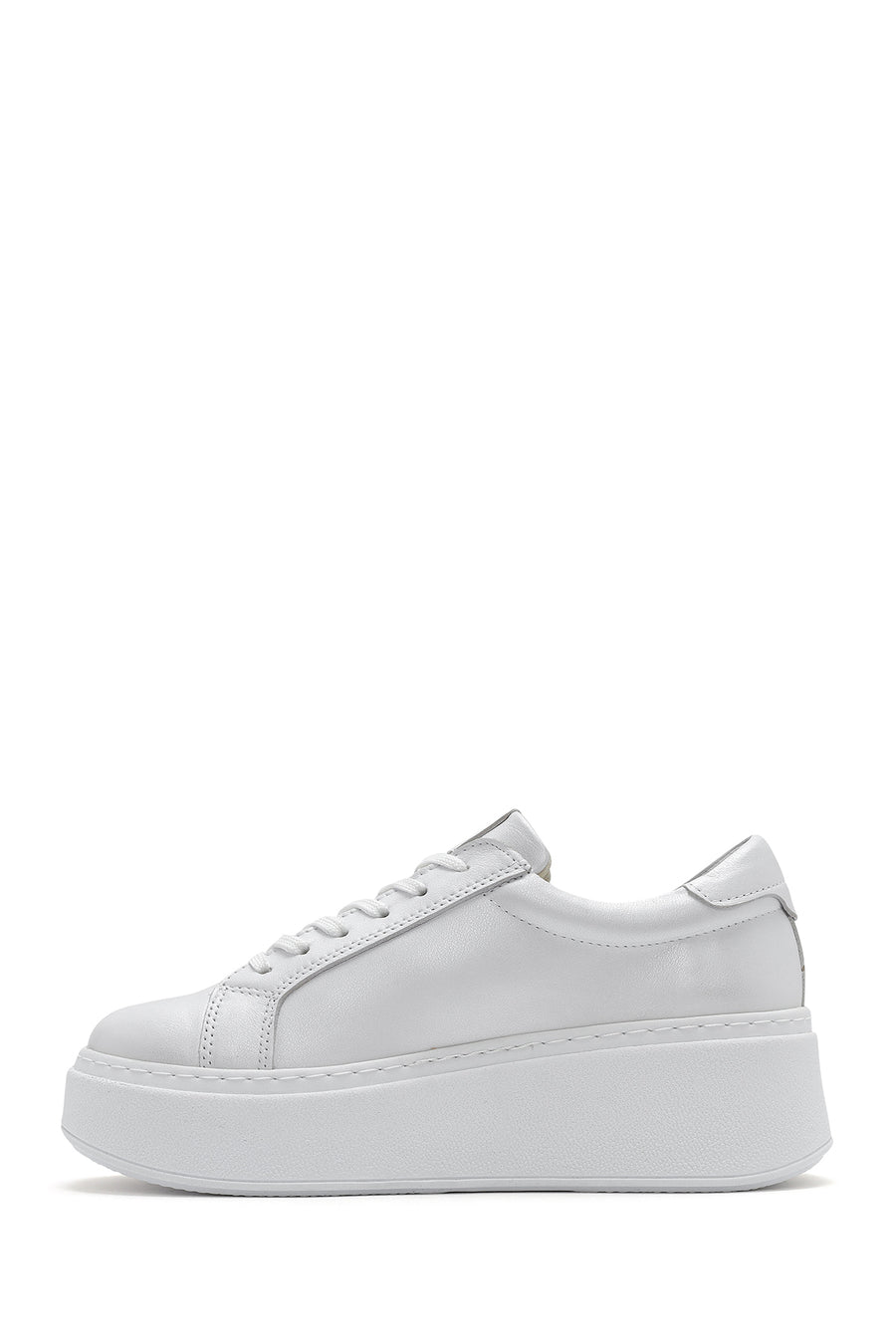Kadın Beyaz Kalın Tabanlı Yandan Fermuarlı Bağcıklı Deri Sneaker