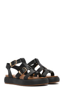 Women's Black Buckled Thick Soled Leather Sandals | Derimod