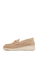 Woman Beige Buckle Wedge-Heel Suede Leather Comfort Loafer | Derimod