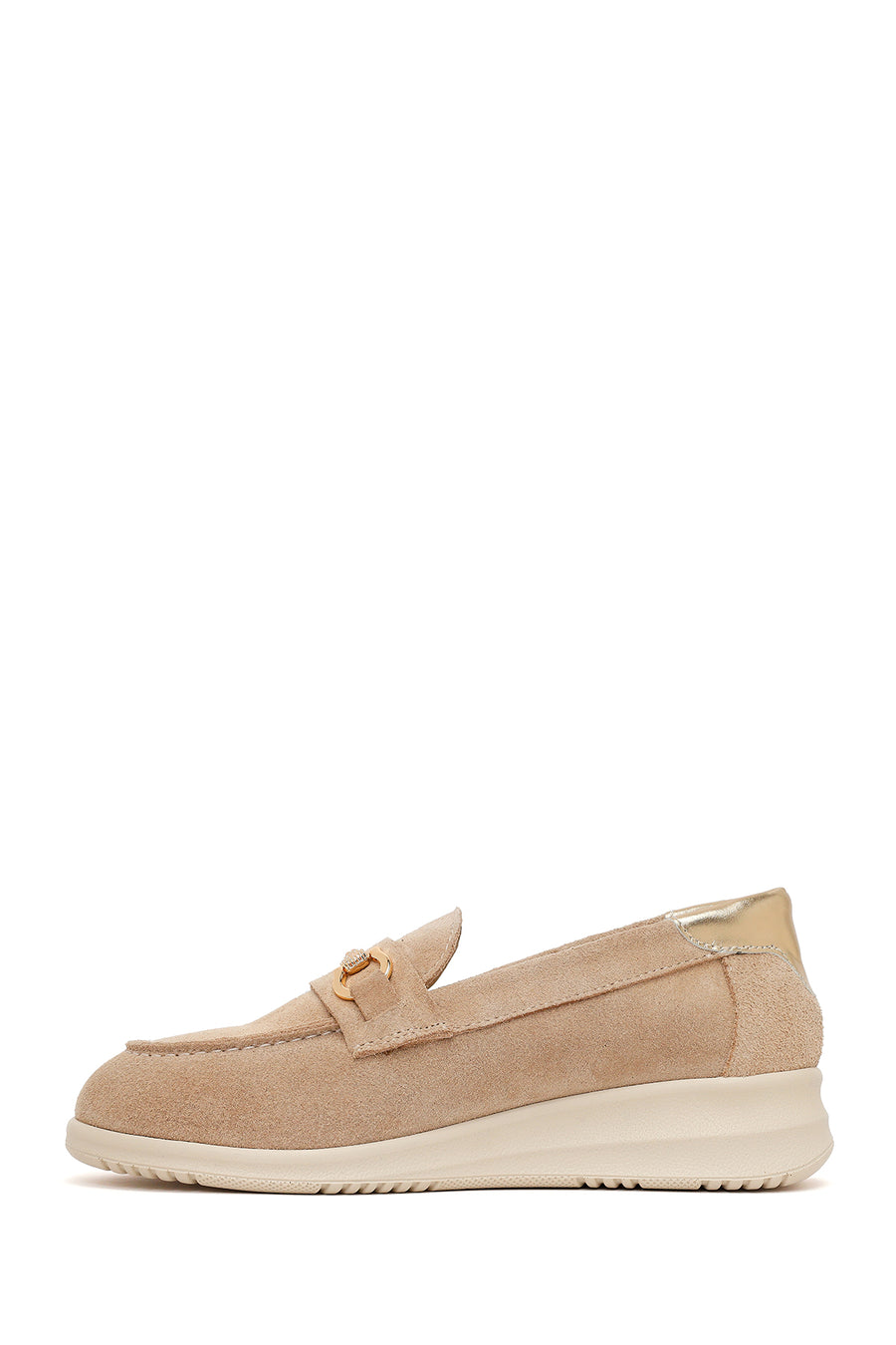 Woman Beige Buckle Wedge-Heel Suede Leather Comfort Loafer
