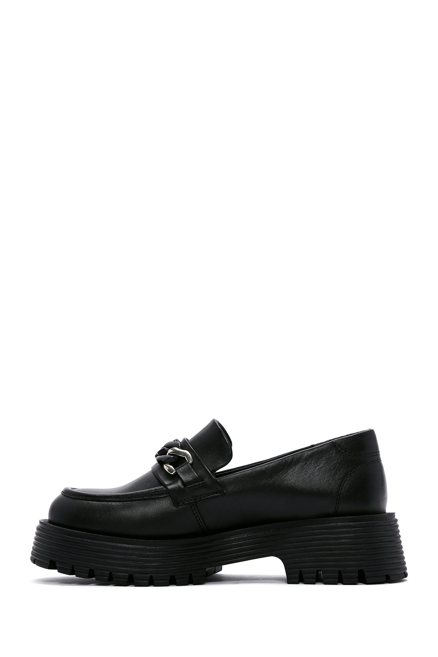 Women's Black Leather Buckle Masculine Loafer