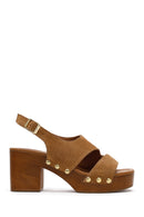 Women's Tan Suede Leather Sandals with Buckle Back and Platform Heel | Derimod