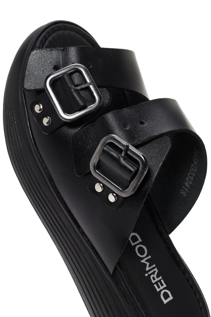 Women's Black Thick Sole Buckle Leather Slippers