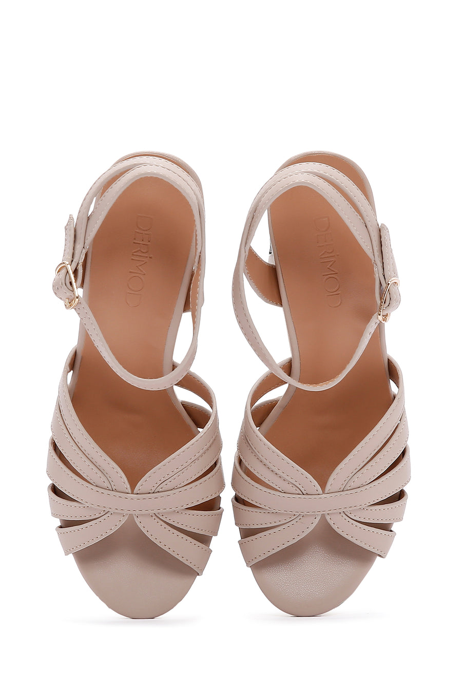 Women's Beige Ankle Strap Chunky Heel Sandals