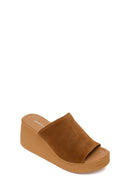 Woman Tan Wedge-Heel Suede Leather Slippers | Derimod