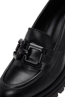 Women's Black Thick Heeled Leather Masculine Loafer | Derimod