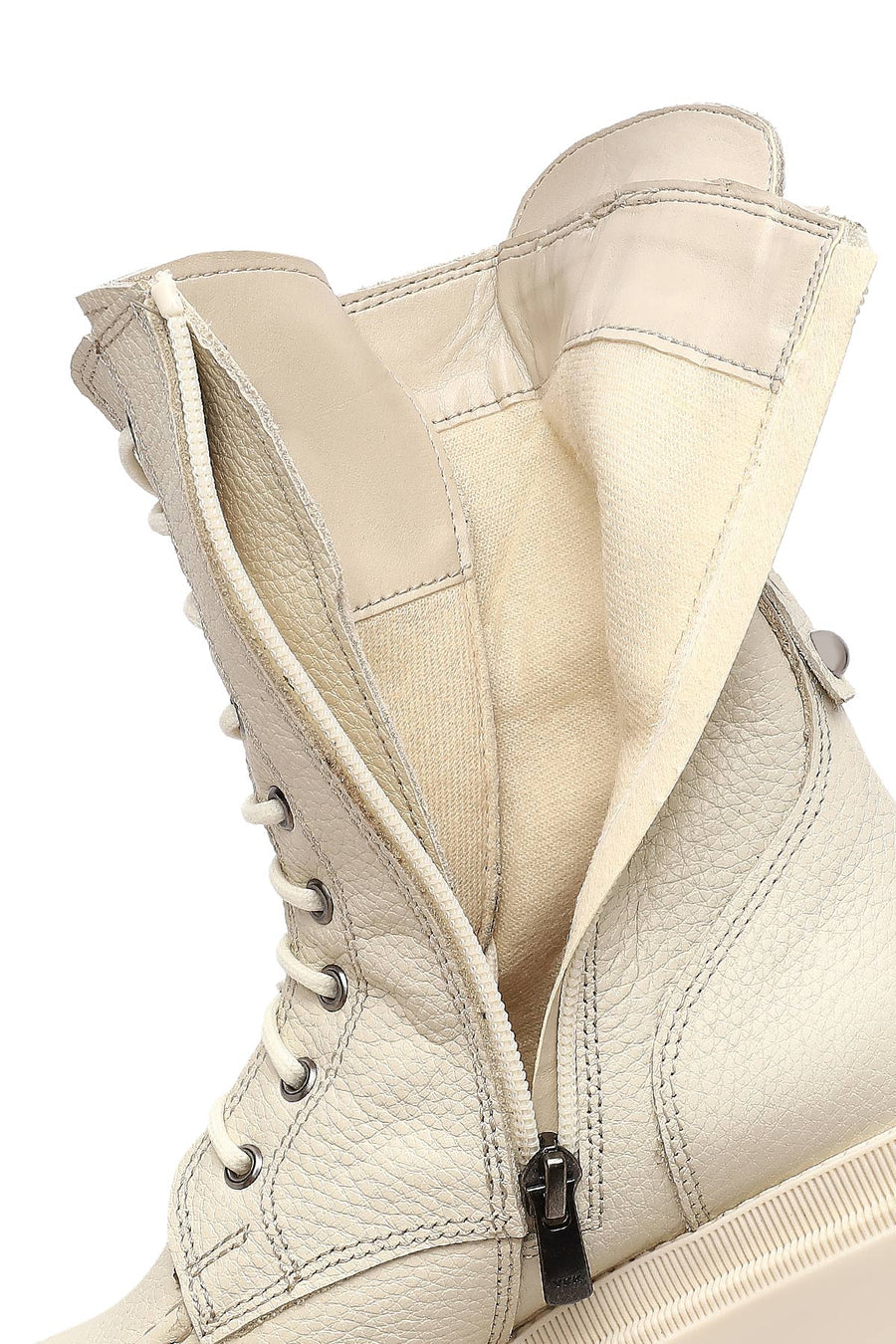 Woman Beige Zippered Thick Sole Leather Postal Boots