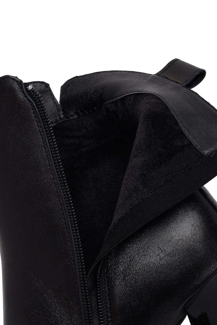 Woman Black Zip Closure Thick-Heeled Leather Boots