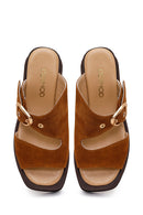 Woman Tan Buckled Wedge Heel Suede Slipper | Derimod