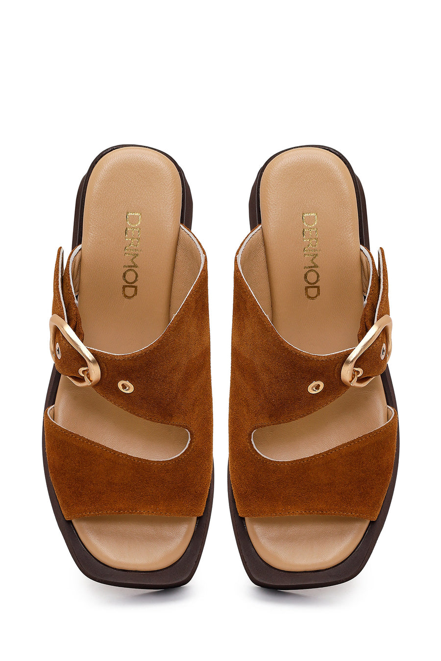 Woman Tan Buckled Wedge Heel Suede Slipper