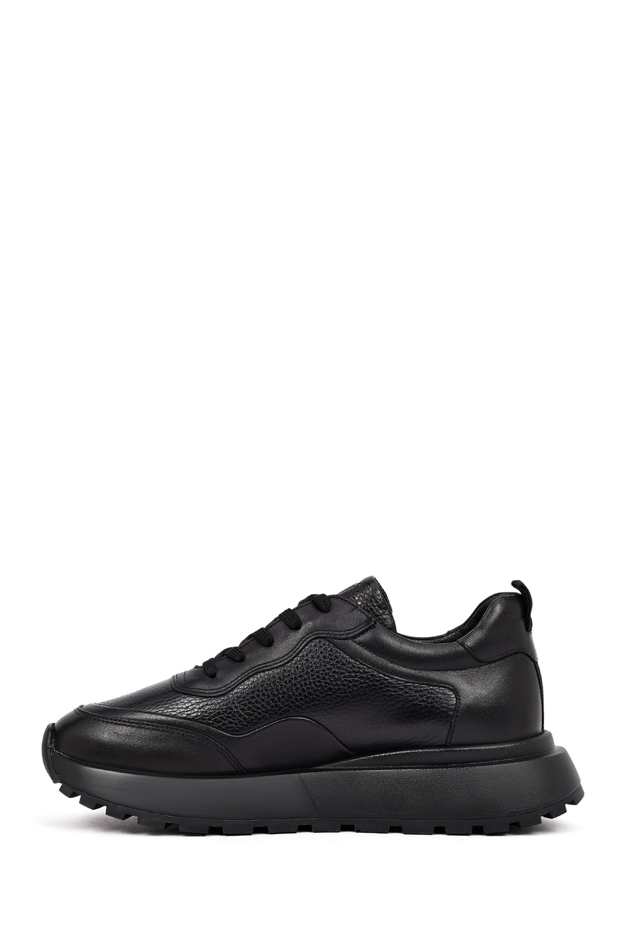 Men's Black Lace-Up Thick-Soled Leather Sneaker