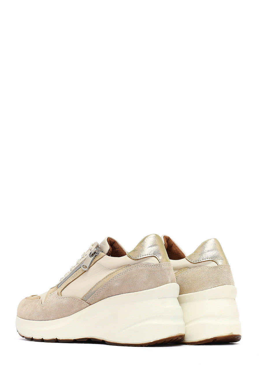 Woman Beige Lace-Up Zipper Detailed Wedge Heels Leather Sneakers