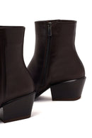 Woman Brown Zip Closure Short Thick-Heeled Leather Cowboy Boots | Derimod