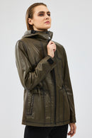 Jessica Women's Khaki Hooded Leather Jacket | Derimod