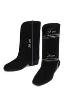 Woman Black Buckled Short Thick-Heeled Suede Boot | Derimod