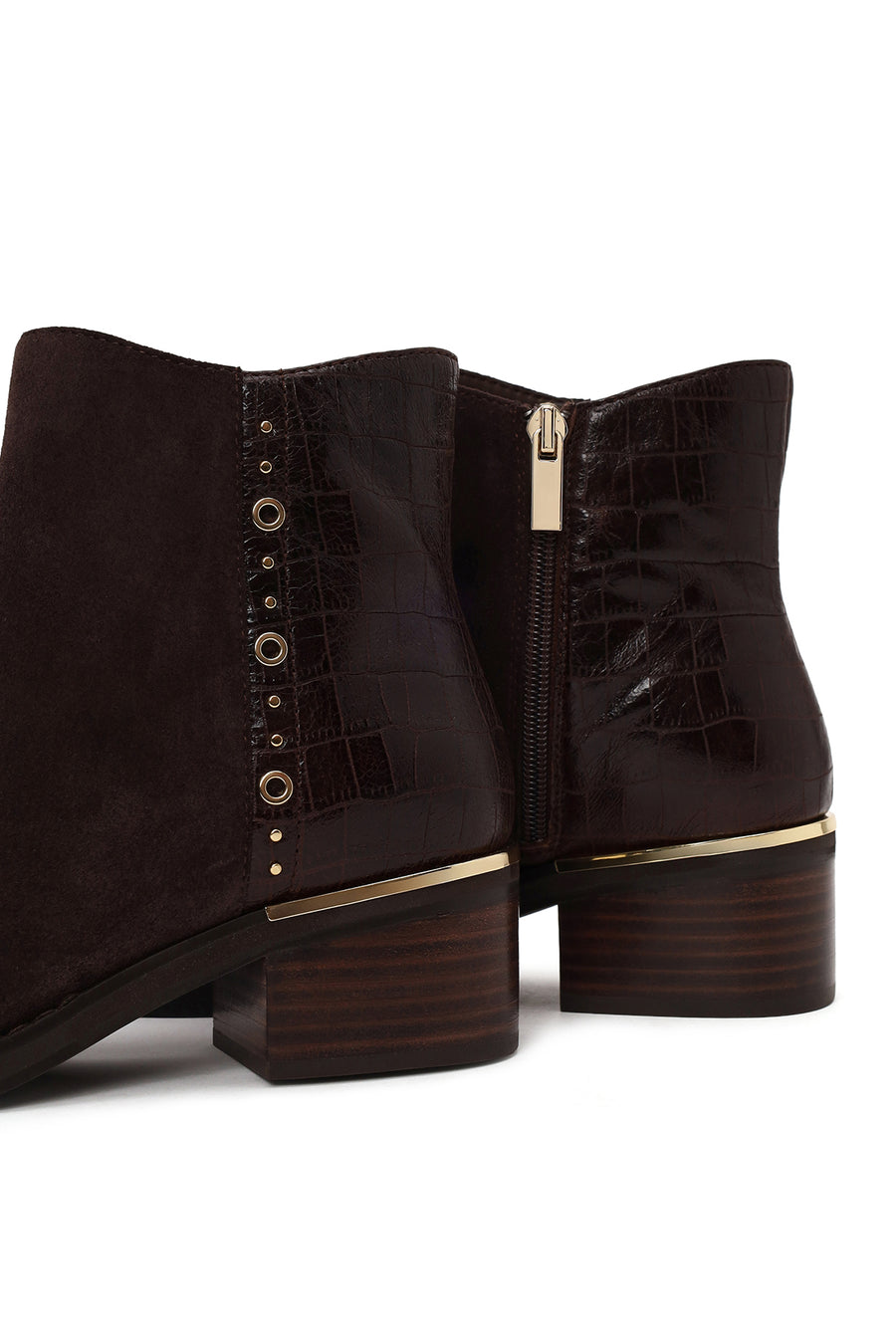 Woman Brown Zip Closure Crocodile Pattern Chunky Heeled Suede Boots