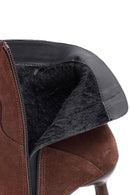 Woman Brown Zip Closure Thin-Heeled Suede Boots | Derimod