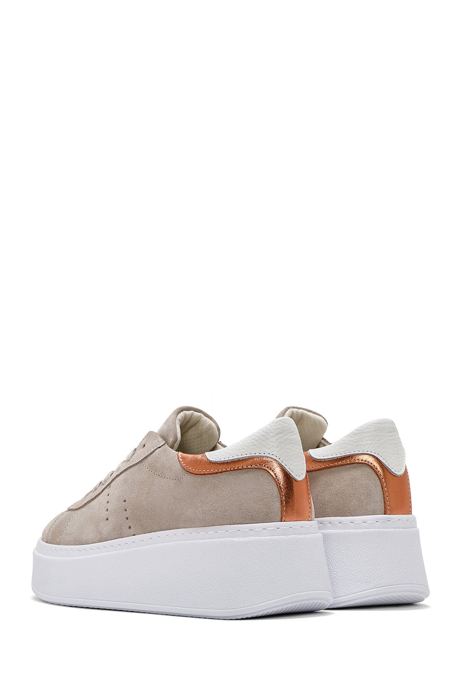 Women's Beige Lace-Up Chunky Sole Suede Leather Sneakers