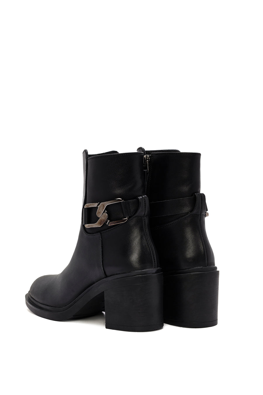 Women's Black Buckle Detailed Zippered Thick Heeled Leather Boots