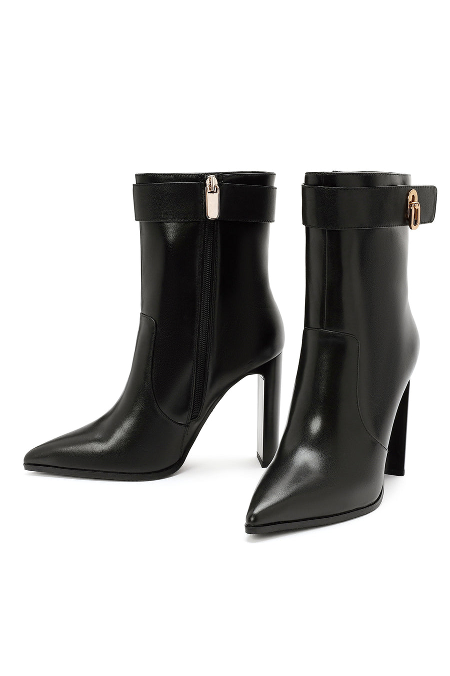 Women's Black Zipper Heeled Leather Boots