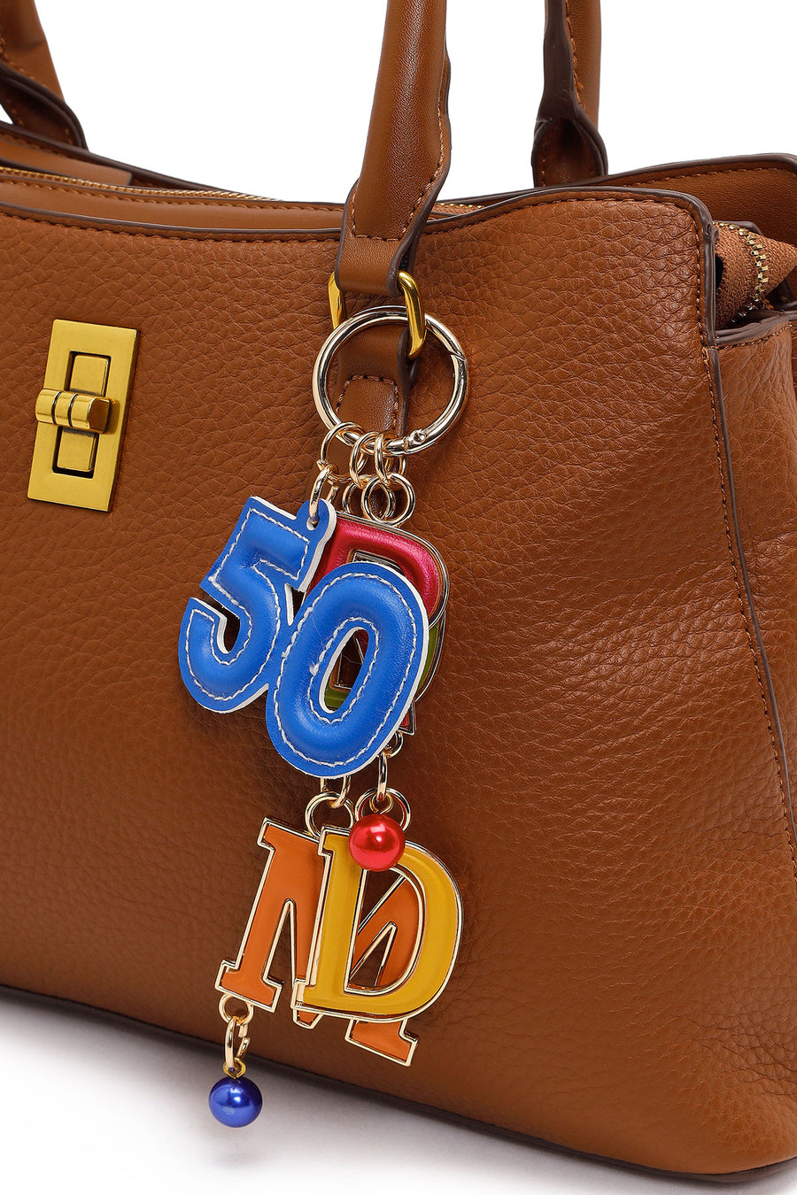Woman Tan Long-Strap Accessorized Shoulder Bag