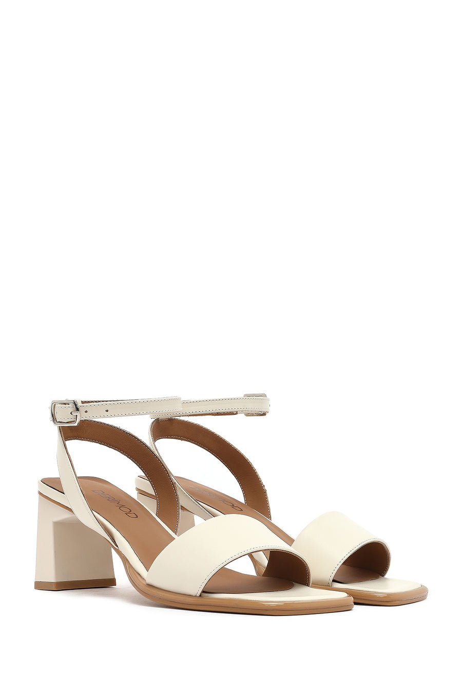 Women's Cream Ankle Buckle Thick Heel Leather Sandals